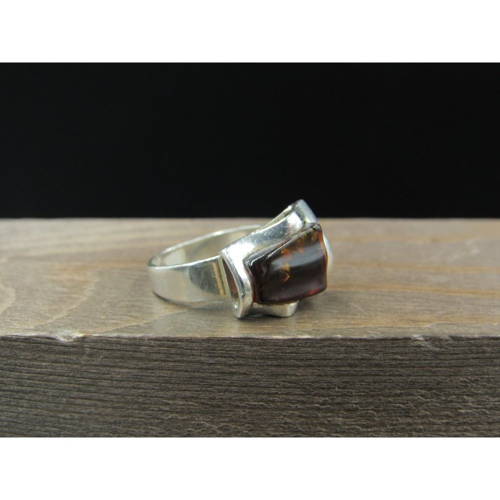 Size 6.5 Sterling Silver Abstract Dark Amber Band Ring Vintage Statement - Picture 2 of 9